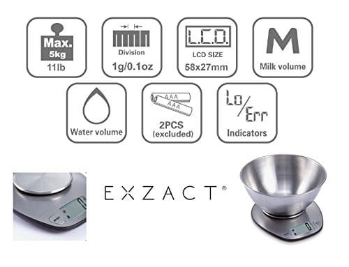 EXZACT EX4350 Premium Bilancia Elettronica da Cucina ad Alta Precisione con Ampio Display in Acciaio Inossidabile con Ciotola per Mescolare – 5kg / 11lb