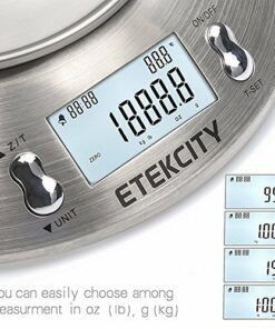 Etekcity Bilancia da Cucina Elettronica in Acciaio Inossidabile 5kg/ 11lb, Ciotola Mescolata, Timer Allarme, Indicatore Temperatura, Display Retroilluminato, Argento