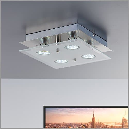 Plafoniera LED da soffitto, lampada moderna da soffitto, include 4 lampadine GU10 da 3W 250 Lumen, luce calda 3000K, lampadario quadrato corpo metallo e vetro, color nickel opaco, 230V IP20