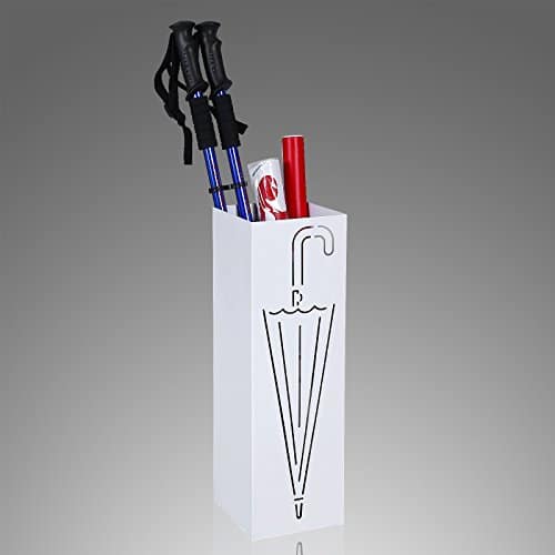 SONGMICS Portaombrelli Porta ombrelli 15,5 x 15,5 x 49 cm Bianco in Ferro Quadro con Gancini e Vaschetta Scolapioggia LUC01W