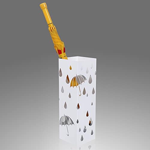 SONGMICS Portaombrelli Porta ombrelli 49 cm Bianco in Ferro Quadro con Gancini e Vaschetta Scolapioggia LUC49W