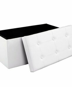 SONGMICS 80L Pouf Puff Poggiapiedi Sgabello Contenitore Cassapanca Pieghevole Carico Max. 300 kg in Ecopelle Imbottito Bianco LSF106