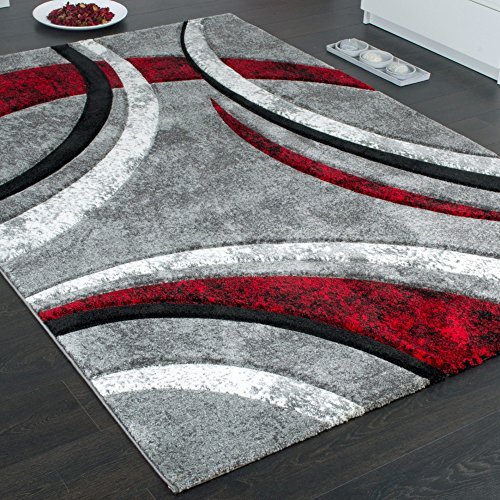 Paco Home Tappeto di Design con Bordo Definito Motivo A Righe Grigio Nero Rosso Screziato, Dimensione:120×170 cm