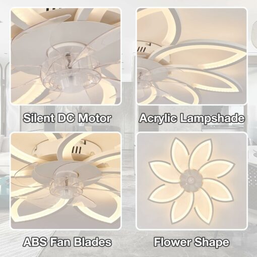 Ventilatore Soffitto con Luce e Telecomando, Plafoniera con Ventilatore Silenzioso, Lampadario con Pale Ventilatore Fiore, Dimmerabile, Funzione Memoria, 6 Velocità, Motore DC, Estate Inverno, Bianco