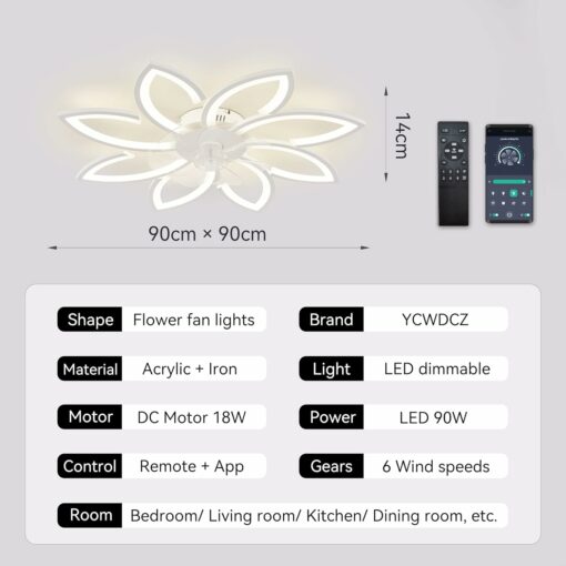 Ventilatore Soffitto con Luce e Telecomando, Plafoniera con Ventilatore Silenzioso, Lampadario con Pale Ventilatore Fiore, Dimmerabile, Funzione Memoria, 6 Velocità, Motore DC, Estate Inverno, Bianco