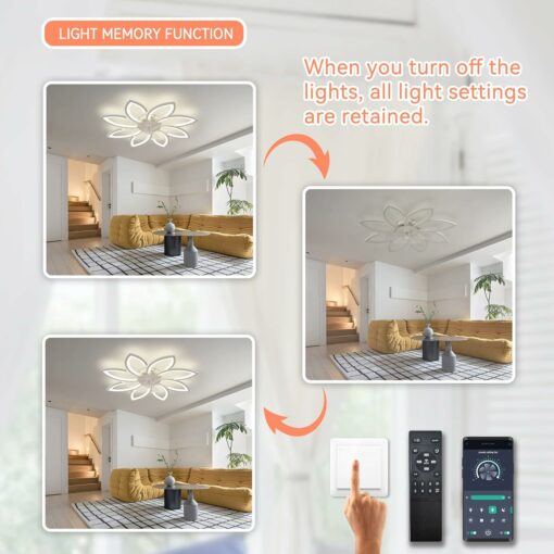 Ventilatore Soffitto con Luce e Telecomando, Plafoniera con Ventilatore Silenzioso, Lampadario con Pale Ventilatore Fiore, Dimmerabile, Funzione Memoria, 6 Velocità, Motore DC, Estate Inverno, Bianco