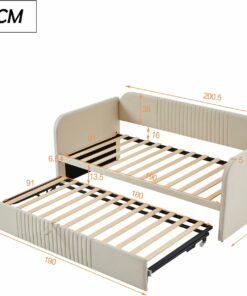 Idemon Letto imbottito Divano letto allungabile 90/180 x 190 cm, con strisce verticali, con rete a doghe, letto multifunzione, tessuto di lino confortevole e traspirante (beige)